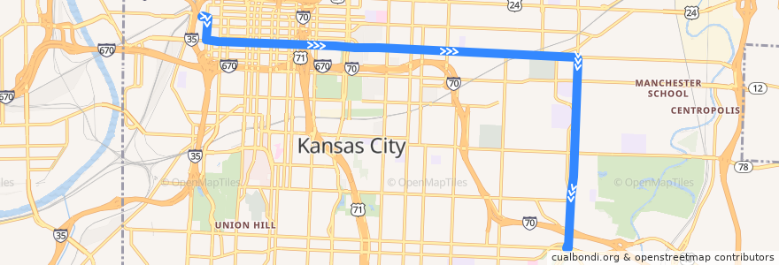 Mapa del recorrido Bus 12: Downtown Kansas City → 31st & Van Brunt de la línea  en Kansas City.