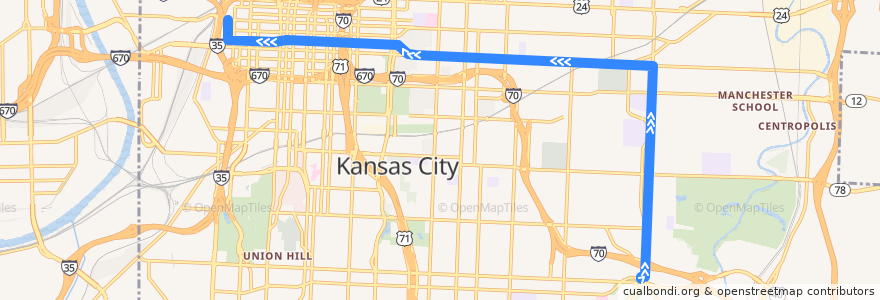 Mapa del recorrido Bus 12: 31st & Van Brunt → Downtown Kansas City de la línea  en Kansas City.