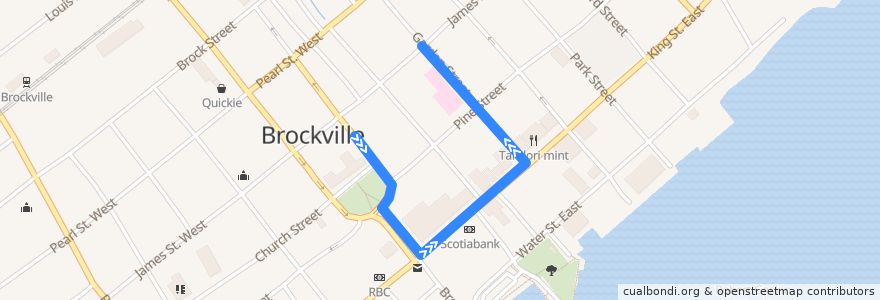Mapa del recorrido Green Route de la línea  en Brockville.