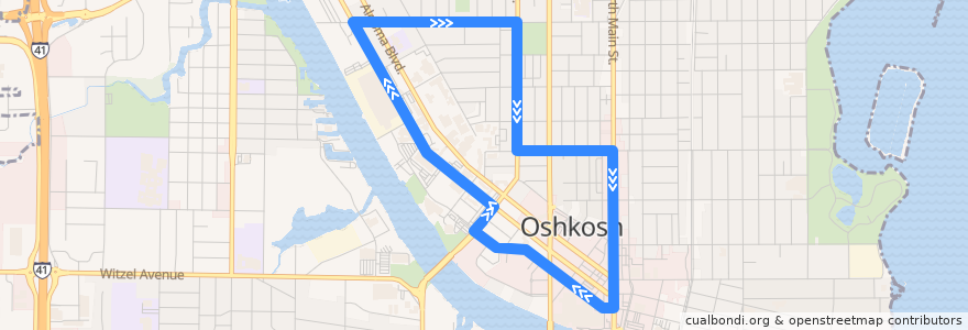 Mapa del recorrido Red Route: Campus/Downtown de la línea  en Oshkosh.