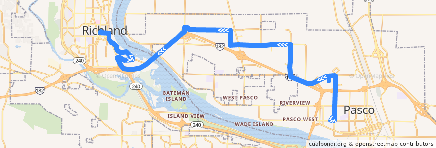 Mapa del recorrido Route 225 Westbound de la línea  en Tri-Cities.