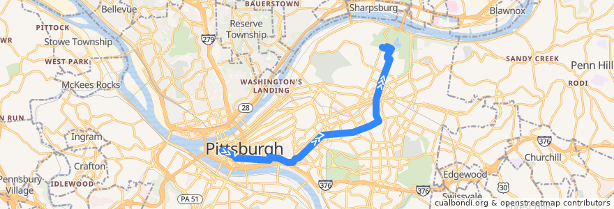 Mapa del recorrido PAT 71B Highland Park (outbound) de la línea  en Pittsburgh.