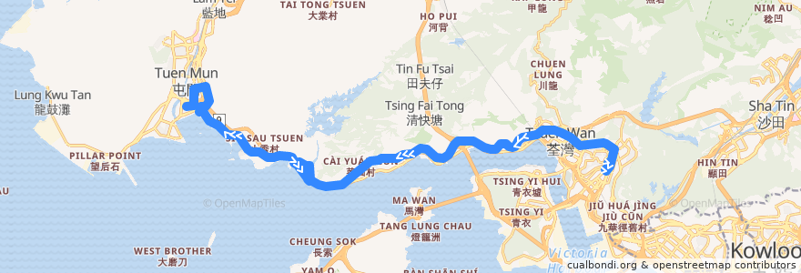 Mapa del recorrido 九巴61M線 KMB 61M (葵興站 Kwai Hing Station → 友愛（南） Yau Oi (South)) de la línea  en هنگ‌کنگ.