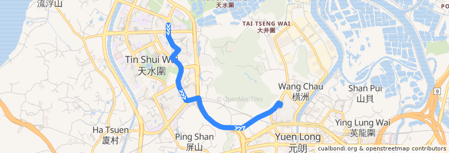 Mapa del recorrido 港鐵巴士K73綫 MTR Bus K73 (香港青年協會李兆基書院 HKFYG Lee Shau Kee College → 朗屏 Long Ping) de la línea  en مقاطعة يوين لونغ.