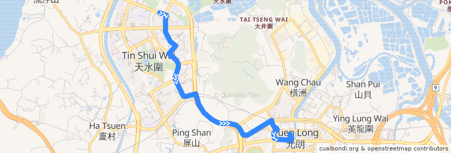 Mapa del recorrido 港鐵巴士K73綫 MTR Bus K73 (天晴 Tin Ching → 元朗（西） Yuen Long (West) (不經朗屏 omit Long Ping)) de la línea  en Yuen Long District.