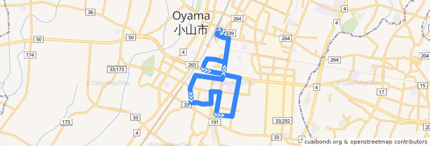 Mapa del recorrido 関東自動車バス 小山駅東口⇒小山駅東口循環（旭小学校非経由） de la línea  en 小山市.