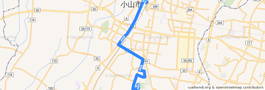 Mapa del recorrido 小山市おーバス新市民病院線 新市民病院⇒小山駅西口 de la línea  en 小山市.