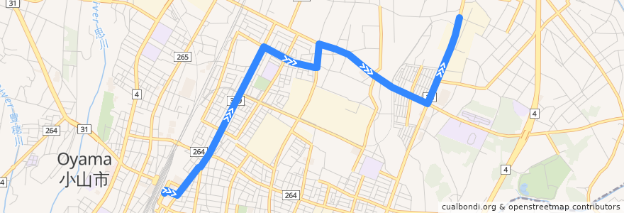 Mapa del recorrido 小山市おーバス高岳線 小山駅東口⇒城北5丁目⇒イオンモール・東光高岳北 de la línea  en 小山市.