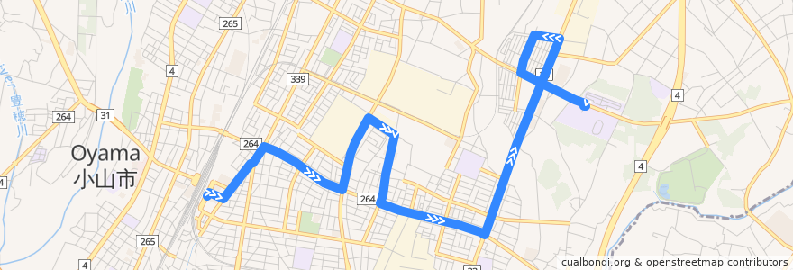 Mapa del recorrido 小山市おーバス城東中久喜線 小山駅東口⇒犬塚⇒イオンモール・高専正門 de la línea  en 小山市.