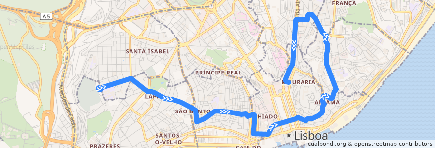 Mapa del recorrido 28E: Campo de Ourique (Prazeres) → Martim Moniz de la línea  en Lizbon.