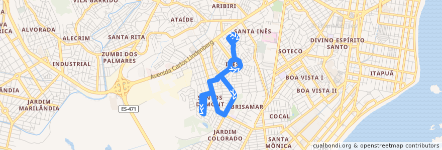 Mapa del recorrido 601 Terminal do Ibes / Santos Dumont de la línea  en ヴィラ・ヴェーリャ.