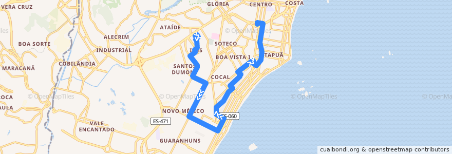 Mapa del recorrido 605 Terminal Ibes / Terminal Vila Velha via Coqueiral de Itaparica/Novo México de la línea  en Vila Velha.