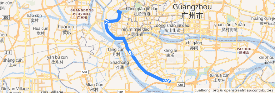 Mapa del recorrido 9路(西华路尾总站-海珠客运站总站) de la línea  en گوانگ‌ژو.