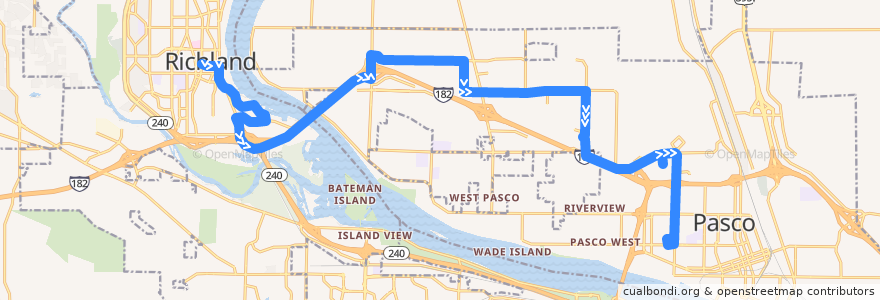 Mapa del recorrido Route 225 Eastbound de la línea  en Tri-Cities.