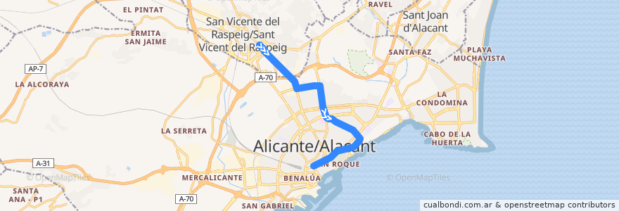 Mapa del recorrido TRAM L2: Sant Vicent del Raspeig ⇒ Luceros de la línea  en Alacant / Alicante.