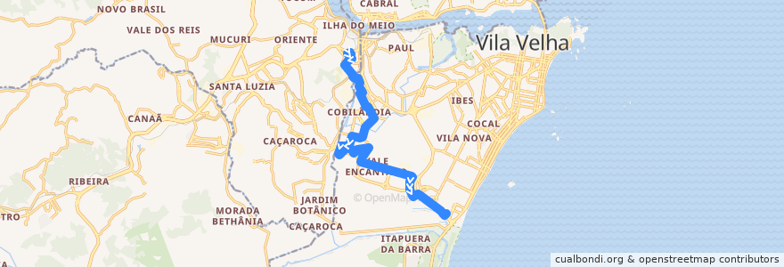 Mapa del recorrido 614 Terminal Jardim América / Terminal Itaparica - via Jardim Marilândia/Rio Marinho/Vasco da Gama de la línea  en Vila Velha.