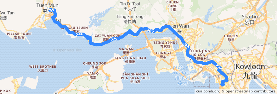 Mapa del recorrido 九巴52X線 KMB 52X (屯門市中心 Tuen Mun Central → 旺角（柏景灣） Mong Kok (Park Avenue)) de la línea  en Hong Kong.