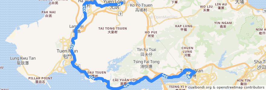 Mapa del recorrido 九巴53線 KMB 53 (荃灣西站 Tsuen Wan West Station → 元朗站 Yuen Long Station) de la línea  en Hong Kong.