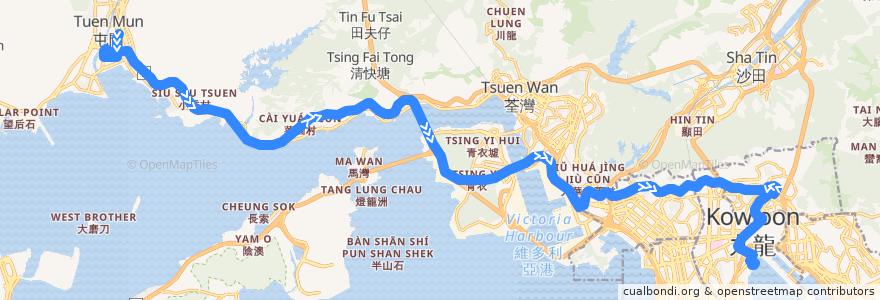 Mapa del recorrido 九巴61X線 KMB 61X (屯門市中心 Tuen Mun Central → 九龍城碼頭 Kowloon City Ferry) de la línea  en Hong Kong.