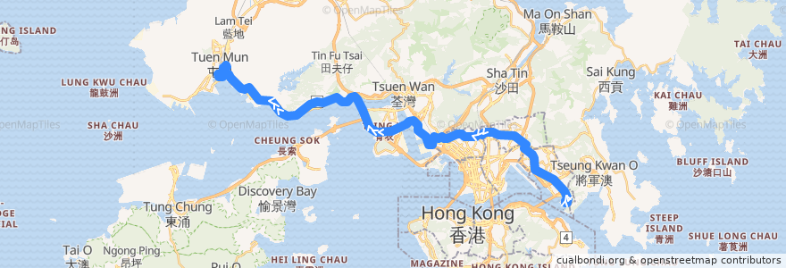 Mapa del recorrido 九巴62X線 KMB 62X (鯉魚門邨 Lei Yue Mun Estate → 屯門市中心 Tuen Mun Central) de la línea  en 香港 Hong Kong.