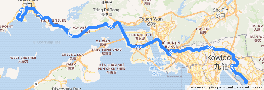 Mapa del recorrido 九巴259X線 KMB 259X (龍門居 Lung Mun Oasis → 觀塘碼頭 Kwun Tong Ferry) de la línea  en 香港.