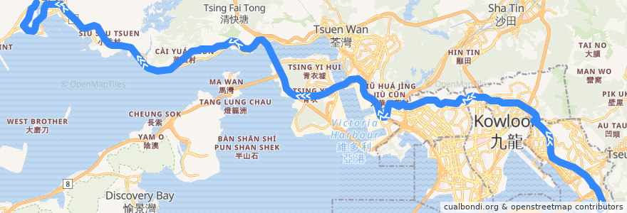 Mapa del recorrido 九巴259D線 KMB 259D (鯉魚門邨 Lei Yue Mun Estate → 龍門居 Lung Mun Oasis (不經屯門市中心 omit Tuen Mun Central)) de la línea  en هونغ كونغ.