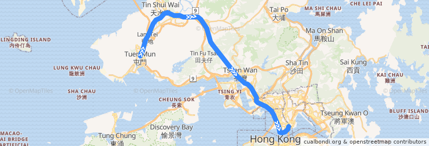 Mapa del recorrido 西鐵綫 West Rail Line (屯門 Tuen Mun → 紅磡 Hung Hom) de la línea  en Hong Kong.