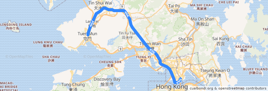 Mapa del recorrido 西鐵綫 West Rail Line (紅磡 Hung Hom → 屯門 Tuen Mun) de la línea  en Hong Kong.