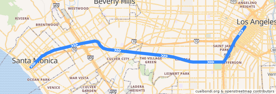 Mapa del recorrido E Line (Expo): Downtown Santa Monica → 7th Street / Metro Center de la línea  en 洛杉矶.