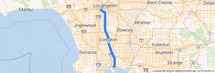 Mapa del recorrido A Line (Blue): 7th Street/Metro Center → Downtown Long Beach de la línea  en Los Angeles County.