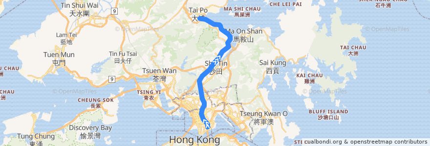 Mapa del recorrido 東鐵綫 East Rail Line (紅磡 Hung Hom → 大埔墟 Tai Po Market) de la línea  en Hong Kong.