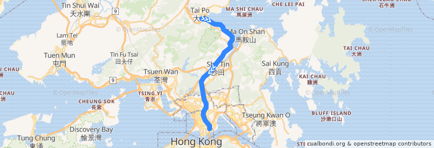 Mapa del recorrido 東鐵綫 East Rail Line (大埔墟 Tai Po Market → 紅磡 Hung Hom) de la línea  en هونغ كونغ.