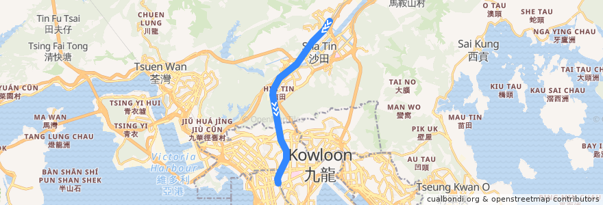 Mapa del recorrido 東鐵綫 East Rail Line (火炭 Fo Tan → 旺角東 Mong Kok East) de la línea  en Hong Kong.