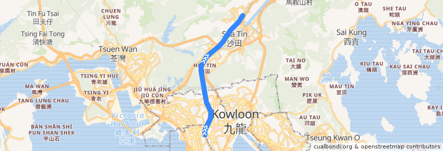 Mapa del recorrido 東鐵綫 East Rail Line (旺角東 Mong Kok East → 火炭 Fo Tan) de la línea  en 香港 Hong Kong.