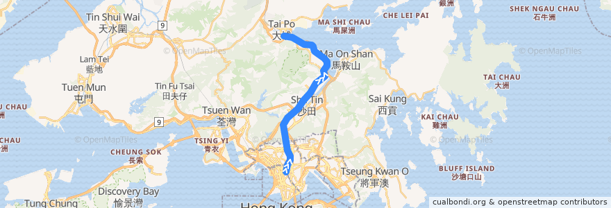 Mapa del recorrido 東鐵綫 East Rail Line (旺角東 Mong Kok East → 大埔墟 Tai Po Market) de la línea  en Hong Kong.