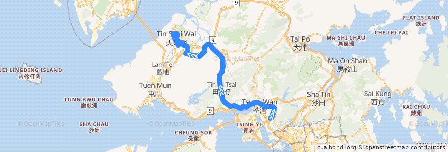 Mapa del recorrido 九巴69M線 KMB 69M (葵芳站 Kwai Fong Station → 天水圍市中心 Tin Shui Wai Town Centre) de la línea  en 香港 Hong Kong.