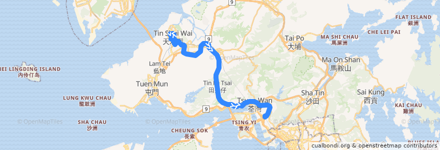 Mapa del recorrido 九巴69M線 KMB 69M (天水圍市中心 Tin Shui Wai Town Centre → 葵芳站 Kwai Fong Station) de la línea  en 香港 Hong Kong.