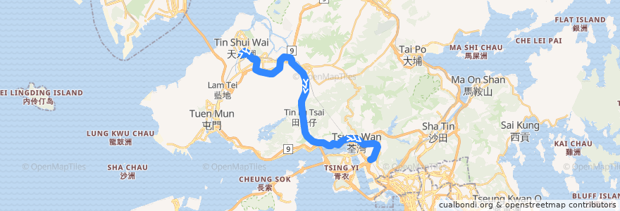 Mapa del recorrido 九巴69P線 KMB 69P (天耀 Tin Yiu → 葵芳站 Kwai Fong Station) de la línea  en Hong Kong.