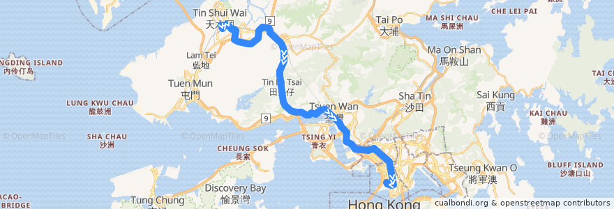 Mapa del recorrido 九巴69X線 KMB 69X (天耀 Tin Yiu → 西九龍站 West Kowloon Station) de la línea  en Hong Kong.