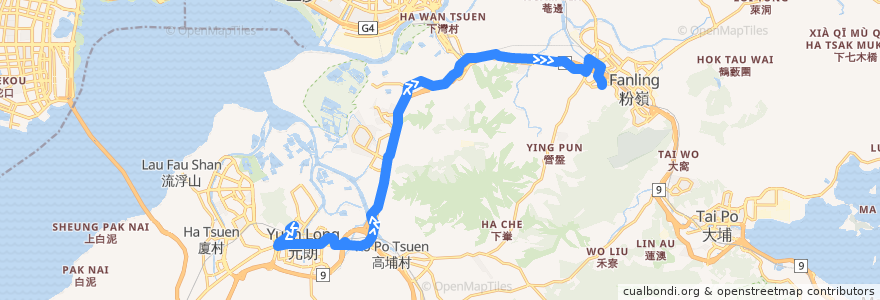 Mapa del recorrido 九巴76K線 KMB 76K (朗屏邨 Long Ping Estate → 清河邨 Ching Ho Estate) de la línea  en 香港.