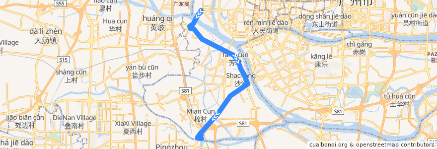 Mapa del recorrido 19路(桥中总站-岭南V谷总站) de la línea  en 荔湾区.