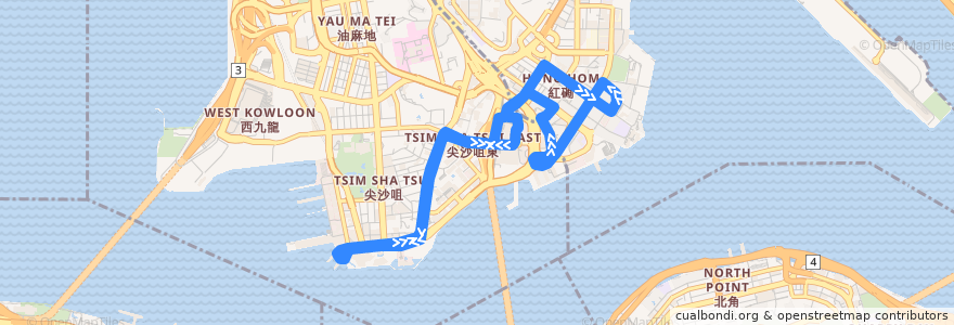 Mapa del recorrido 九巴8A線 KMB 8A (黃埔花園 Whampoa Garden ↺ 尖沙咀碼頭 Star Ferry) de la línea  en Kowloon.