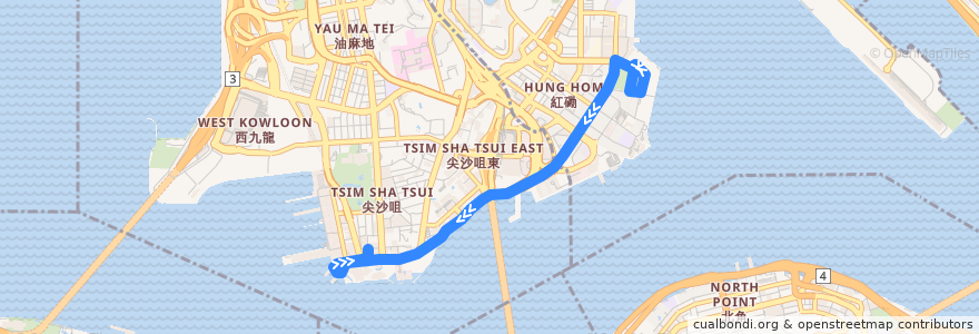 Mapa del recorrido 九巴8P線 KMB 8P (海逸豪園 Laguna Verde → 尖沙咀（漢口道） Tsim Sha Tsui (Hankou Road)) de la línea  en 九龍 Kowloon.