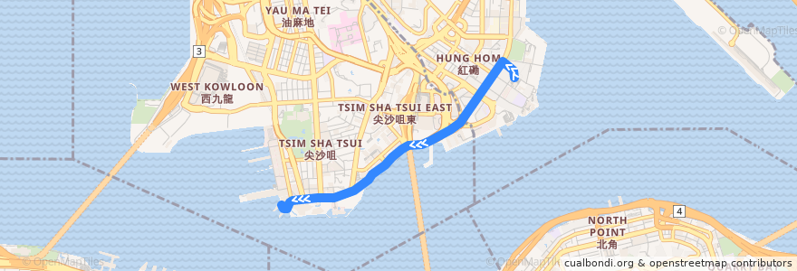 Mapa del recorrido 九巴8P線 KMB 8P (黃埔花園 Whampoa Garden → 尖沙咀碼頭 Star Ferry) de la línea  en Kowloon.