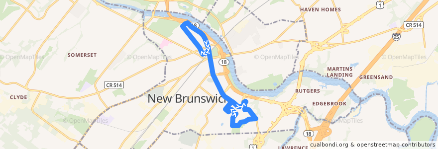 Mapa del recorrido Rutgers Campus Bus Route EE: College Avenue/Douglass-Cook via George Street de la línea  en New Brunswick.
