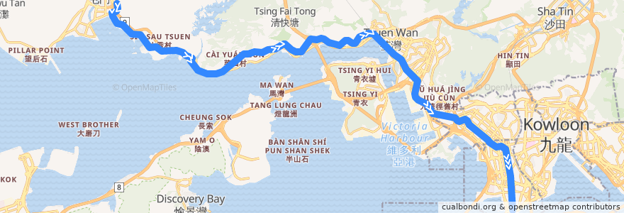 Mapa del recorrido 九巴252B線 KMB 252B (恆順園 Handsome Court → 尖沙咀 Tsim Sha Tsui) de la línea  en Hong Kong.