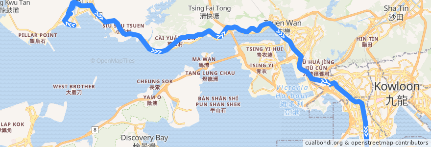 Mapa del recorrido 九巴259B線 KMB 259B (屯門碼頭 Tuen Mun Pier Head → 尖沙咀 Tsim Sha Tsui) de la línea  en هونغ كونغ.