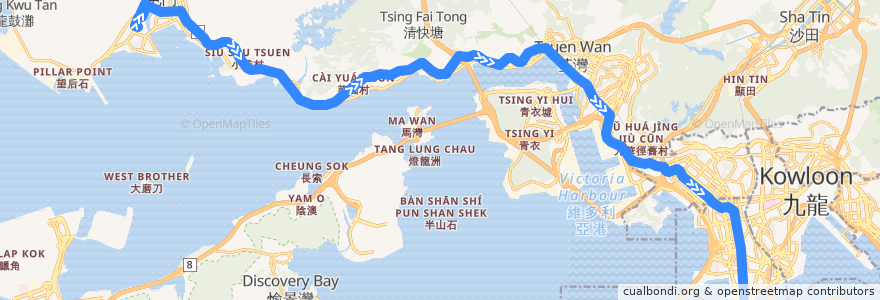 Mapa del recorrido 九巴259C線 KMB 259C (新屯門中心 Sun Tuen Mun Centre → 尖沙咀 Tsim Sha Tsui) de la línea  en Гонконг.