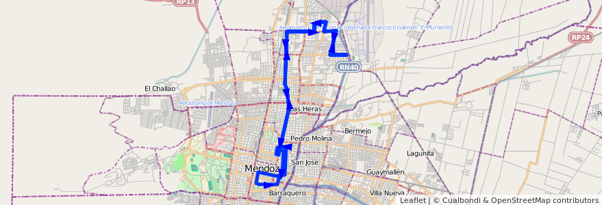 Mapa del recorrido 66 - Dorrego - Matheu de la línea G06 en Mendoza.