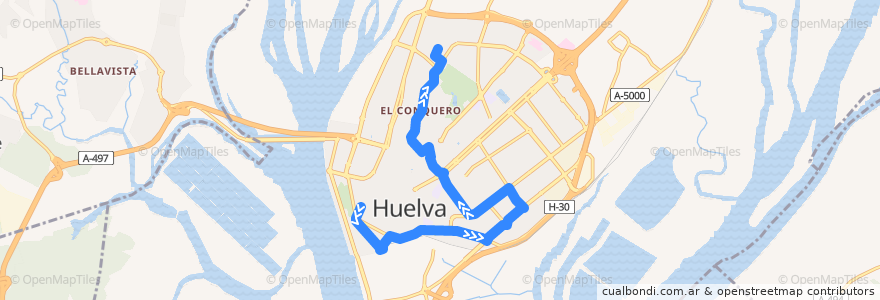 Mapa del recorrido Línea 6: Zafra => Orden Alta de la línea  en Huelva.